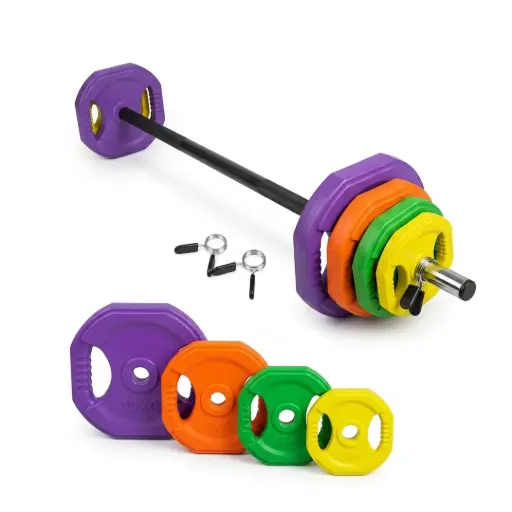 SET DE BARRA + DISCOS DE HIERRO 40KG - FORRADOS DE POLIURETANO CON AGARRES TEXTURIZADOS
